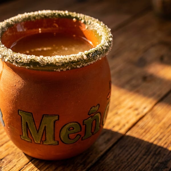 A clay mug with "Meño" written on it, filled with a drink and a sugar-rimmed edge.