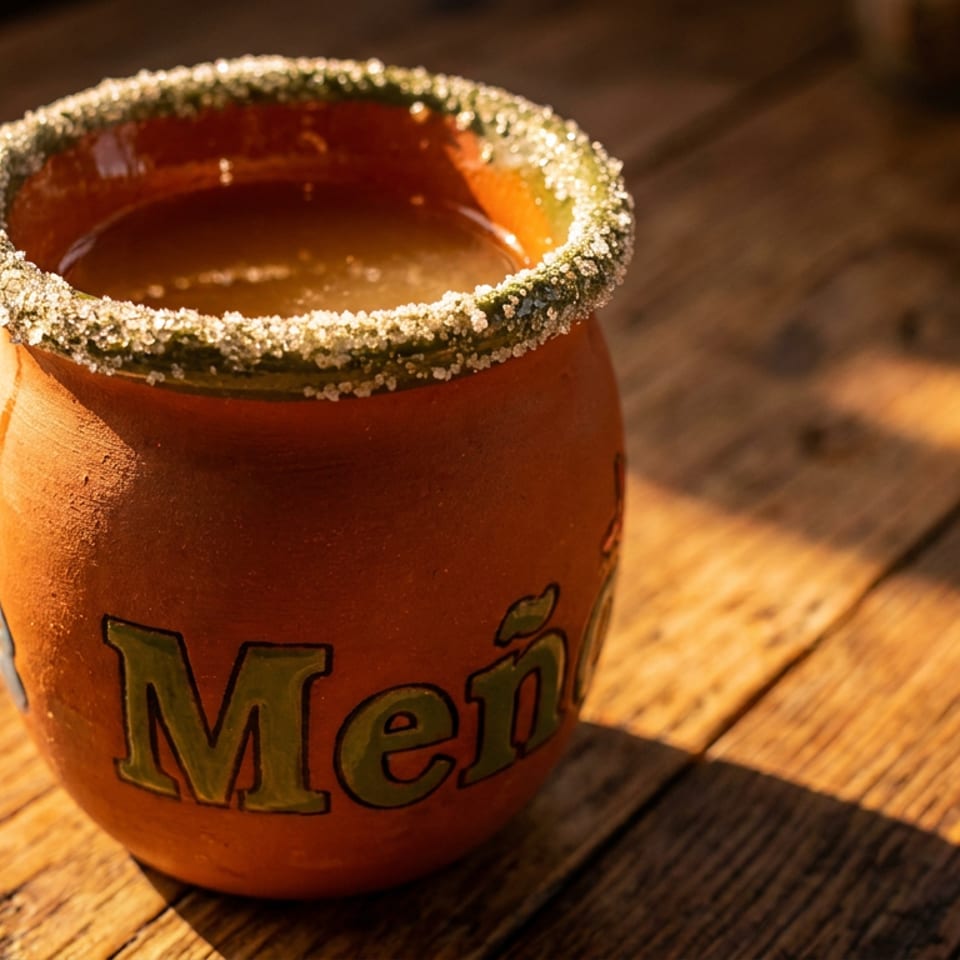 A clay mug with "Meño" written on it, filled with a drink and a sugar-rimmed edge.