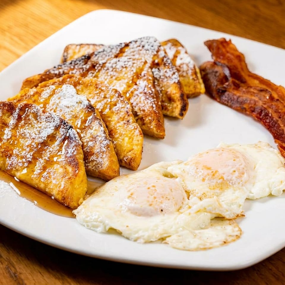 A white plate with French toast, powdered sugar, syrup, two fried eggs, and crispy bacon.