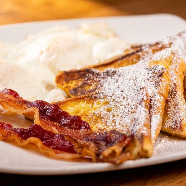 French toast with powdered sugar, crispy bacon, and scrambled eggs on a white plate.