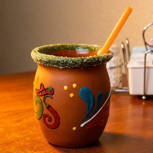 A vibrant, decorated clay mug with a red drink and a straw, rimmed with green salt.