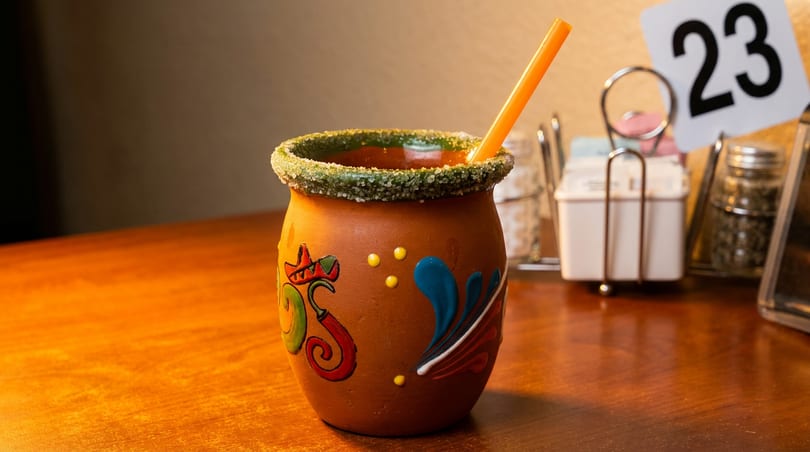 A vibrant, decorated clay mug with a red drink and a straw, rimmed with green salt.