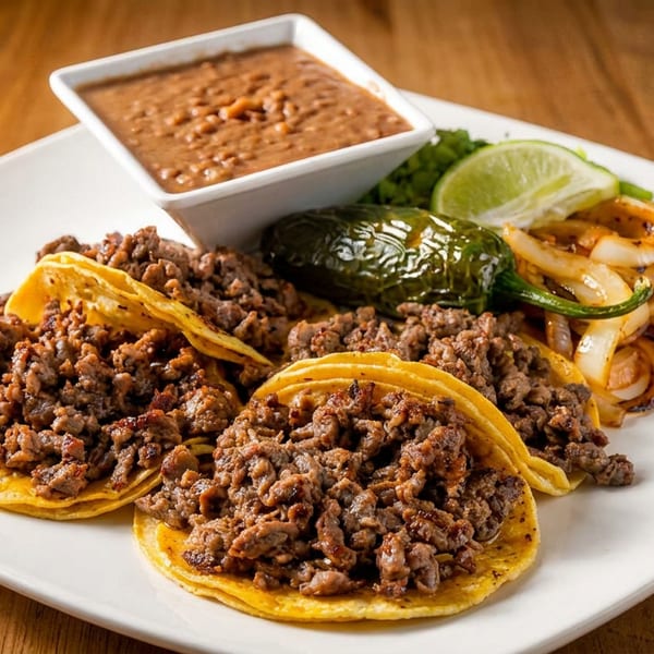 Three street tacos with ground meat, a side of refried beans, grilled onions, and lime.