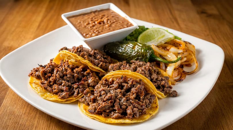 Three street tacos with ground meat, a side of refried beans, grilled onions, and lime.