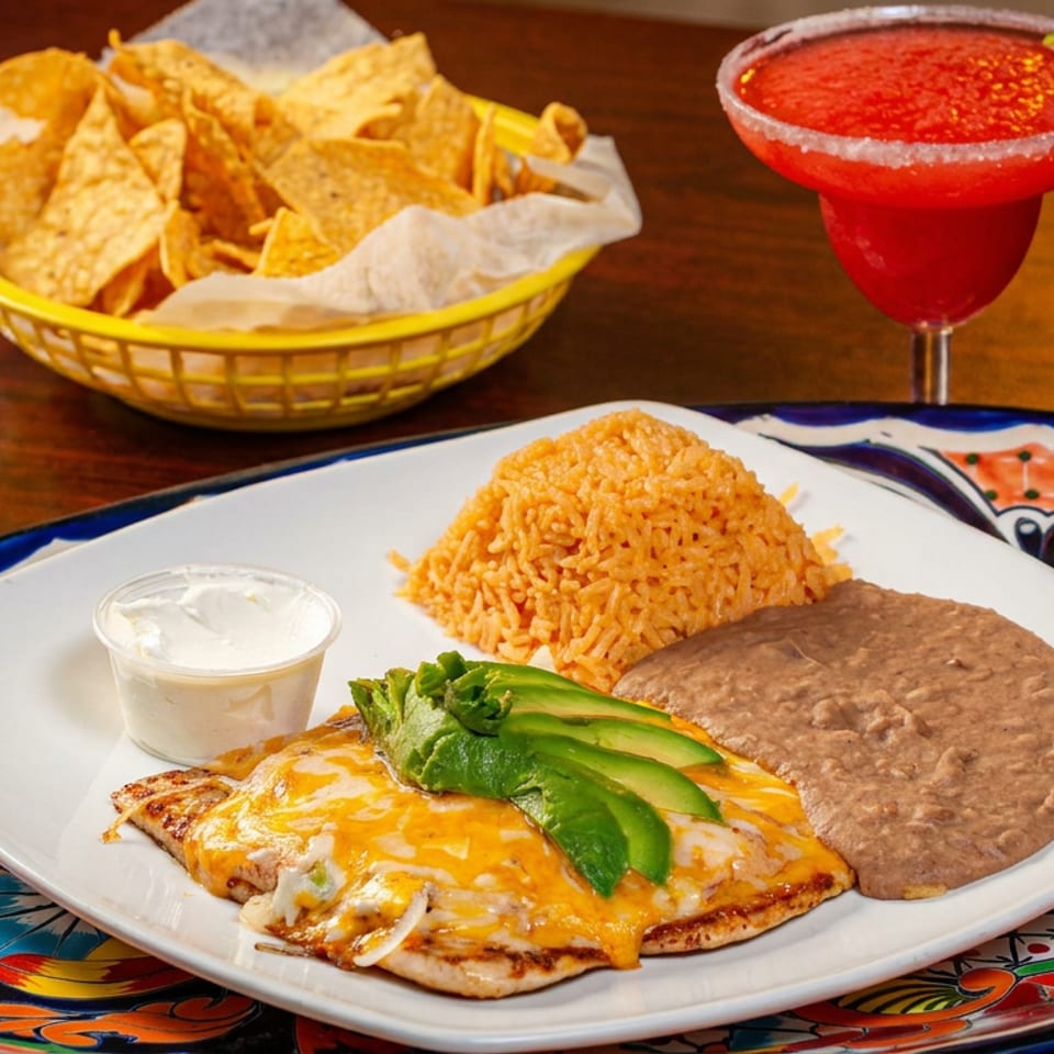 Cheesy chicken with avocado, rice, and beans, served with chips, salsa, and a margarita.